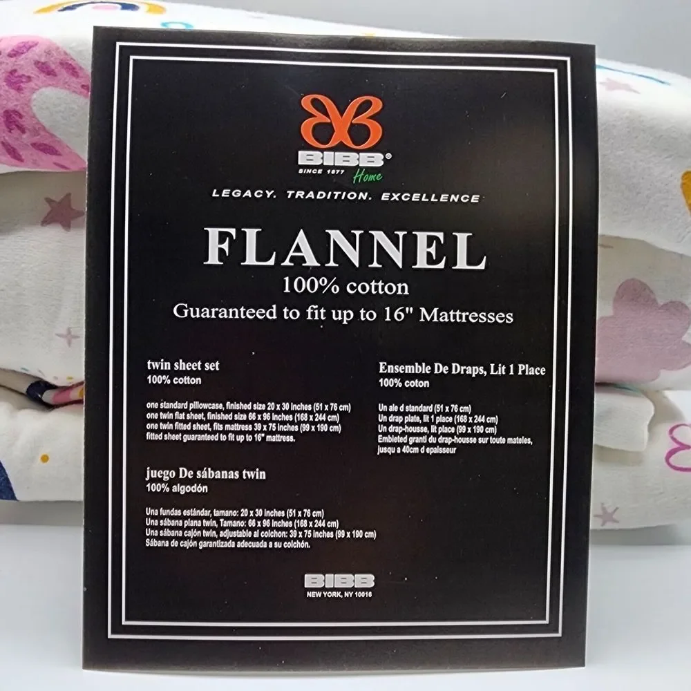BIBB Home‎ Twin Size Cotton Flannel Sheet Set 3pc Multicolor Unicorns Pattern